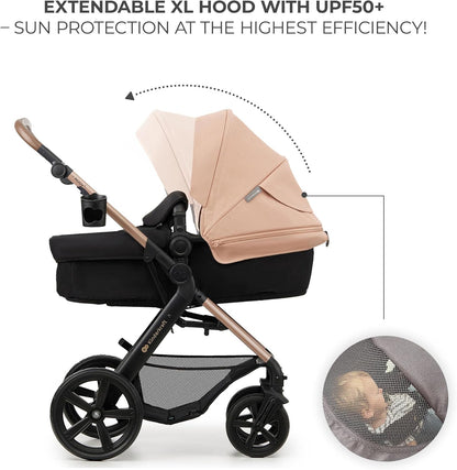 Kinderkraft MOOV2 AIR pram set with extendable XL hood and UPF50 sun protection in beige and black