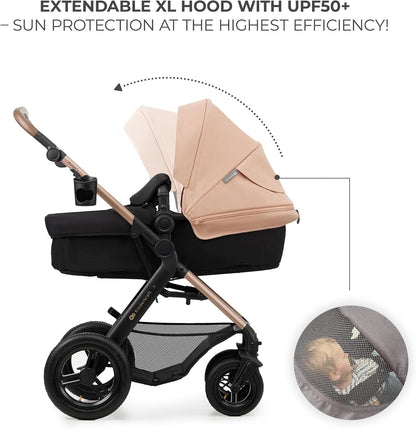 Luxurymania24 Kinderkraft MOOV2 AIR pram set with extendable beige hood UPF50 sun protection black bassinet wheels