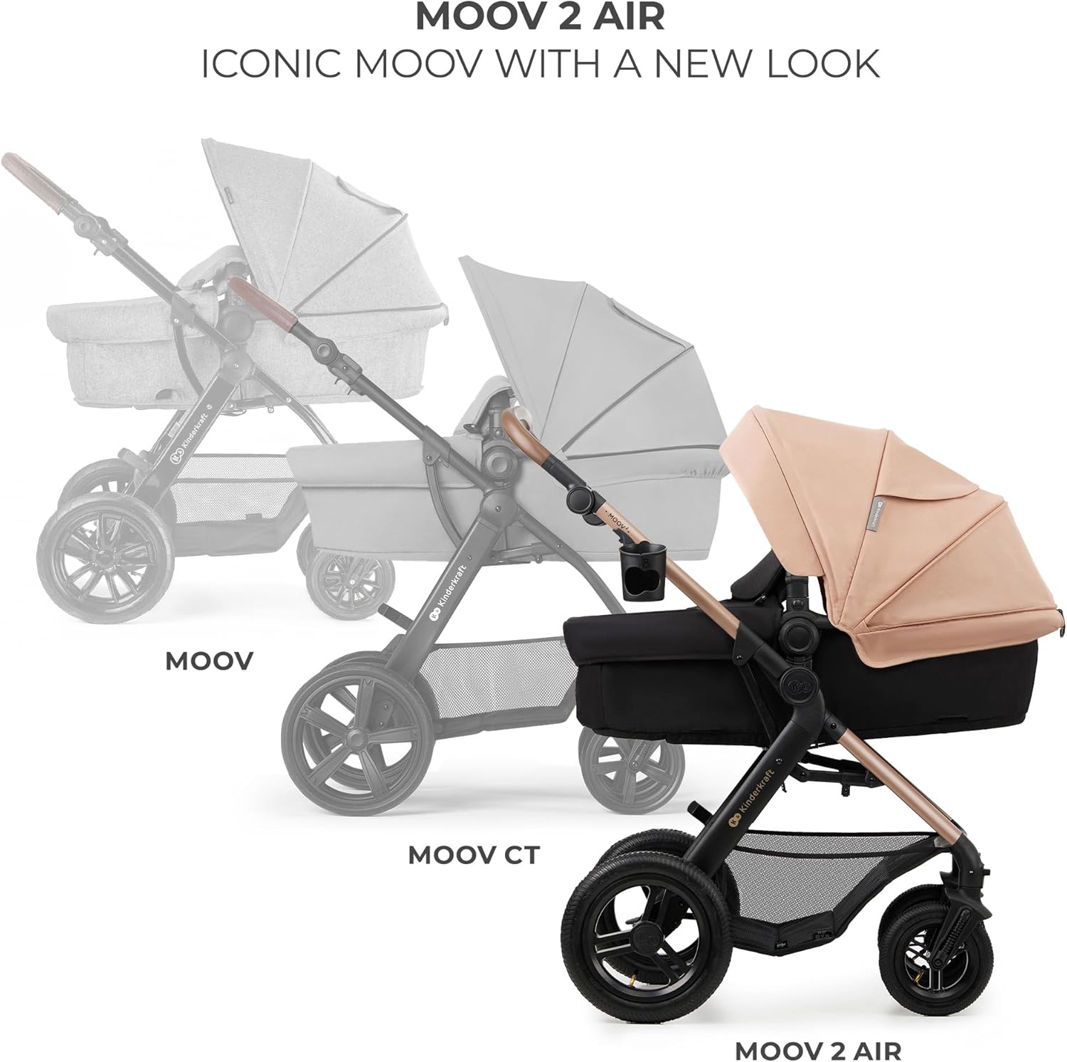Kinderkraft MOOV2 AIR pram set showing rose beige carrycot on black chassis with large all terrain wheels and adjustable canopy