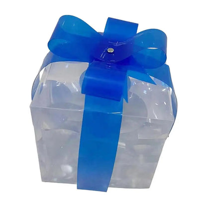 LED Christmas box ornaments with a blue ribbon for festive holiday decor