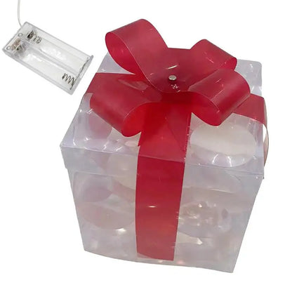 LED Christmas box ornaments in clear with a red bow, perfect for festive decor