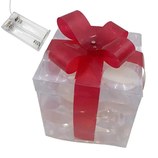 LED Christmas box ornaments in clear with a red bow, perfect for festive decor