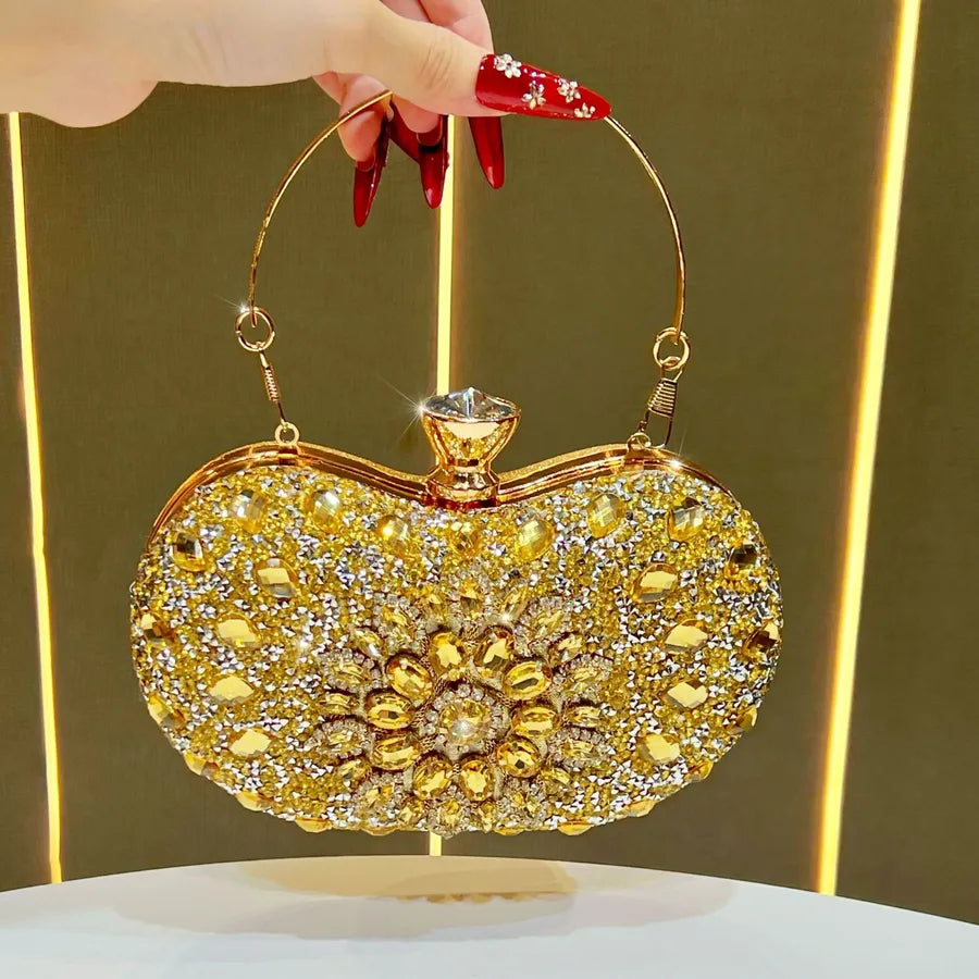 Stylish lightweight embellished shoulder bag women in gold with sparkling details and a unique shape