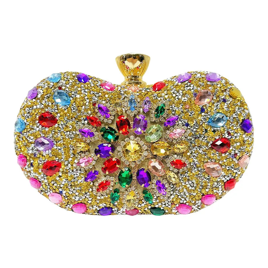 Lightweight embellished shoulder bag women with vibrant multi-coloured gems and gold glitter finish