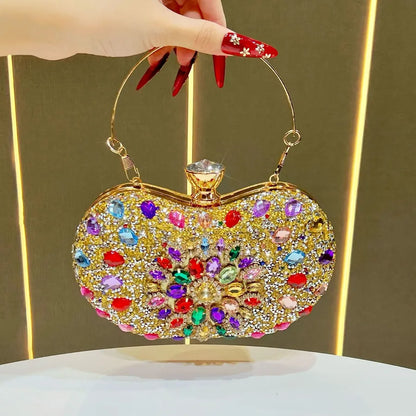 Stylish lightweight embellished shoulder bag women with vibrant jewel accents and a gold frame