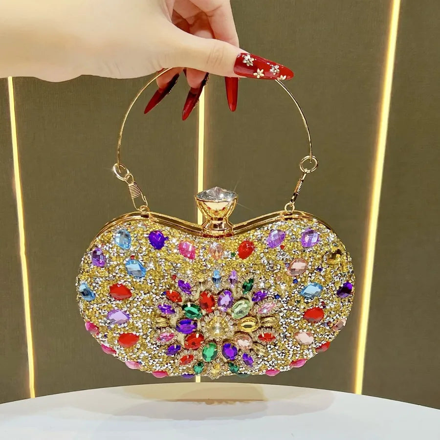Lightweight embellished shoulder bag women with multi-coloured gems and gold finish for stylish occasions