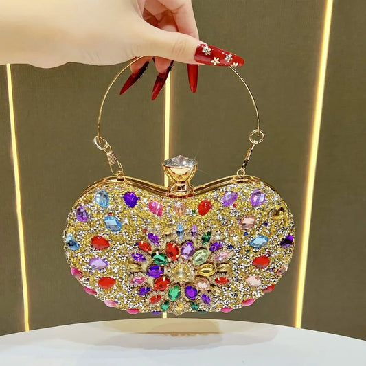 Lightweight embellished shoulder bag women with multi-coloured gems and gold finish for stylish occasions