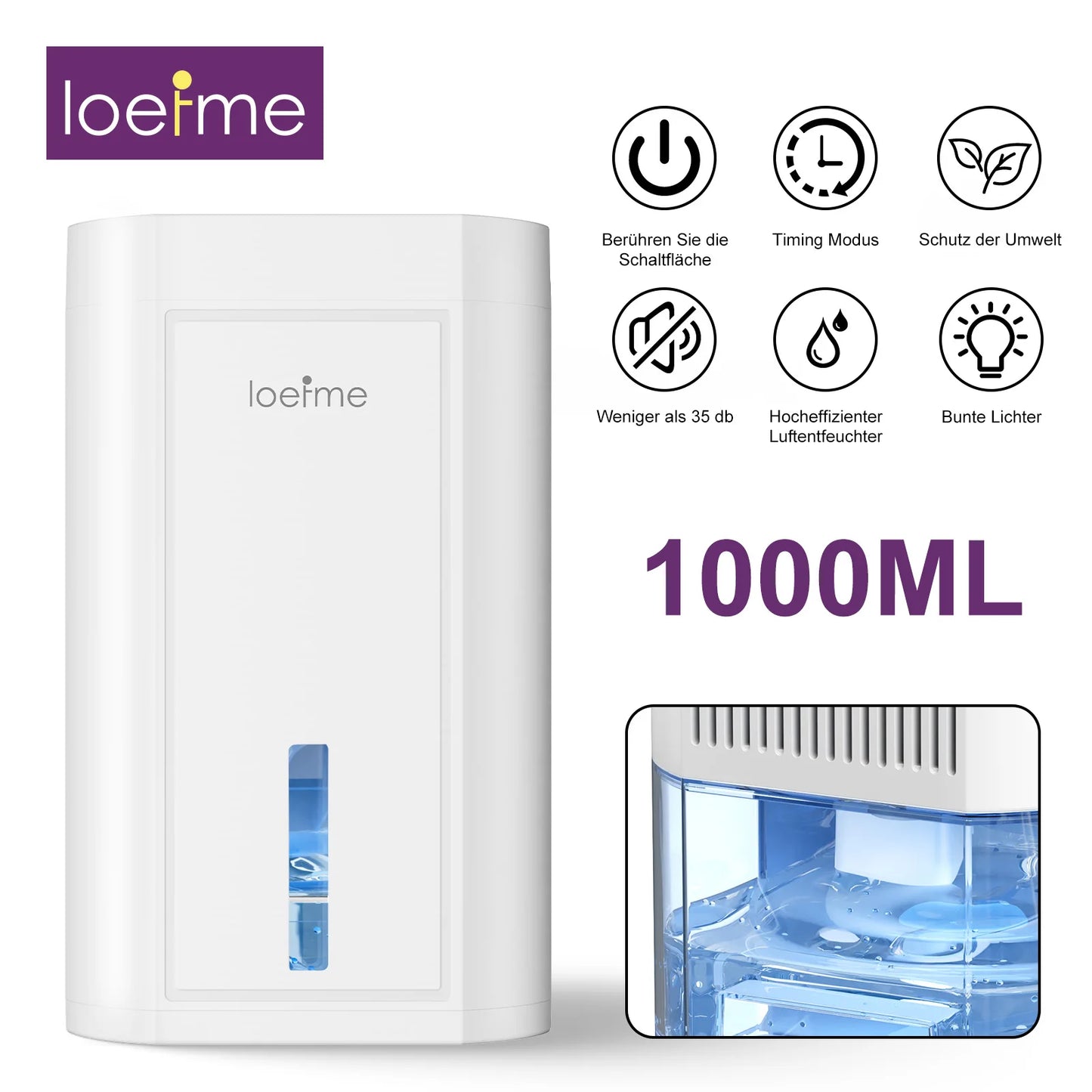 Loeifme 1000ML electric home dehumidifier with quiet operation and colourful lights for effective moisture control