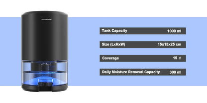 Electric home dehumidifier with 1000 ml tank capacity and 300 ml daily moisture removal in sleek design