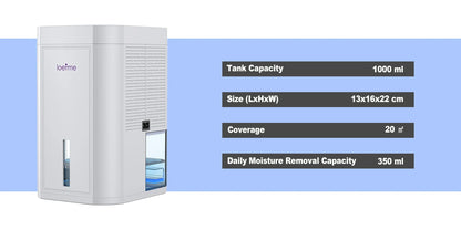 Electric home dehumidifier with 1000 ml tank capacity, suitable for areas up to 20 sq m