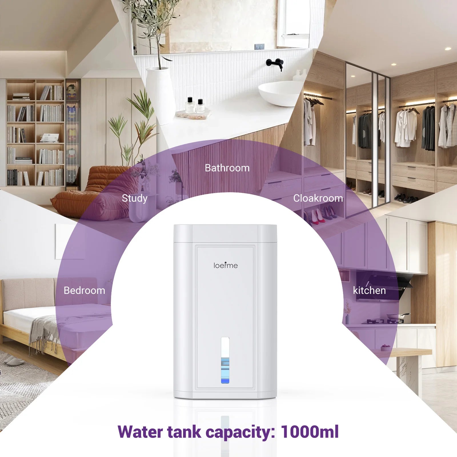 Electric home dehumidifier for bedrooms, bathrooms, kitchens, and studies with a 1000ml water tank capacity