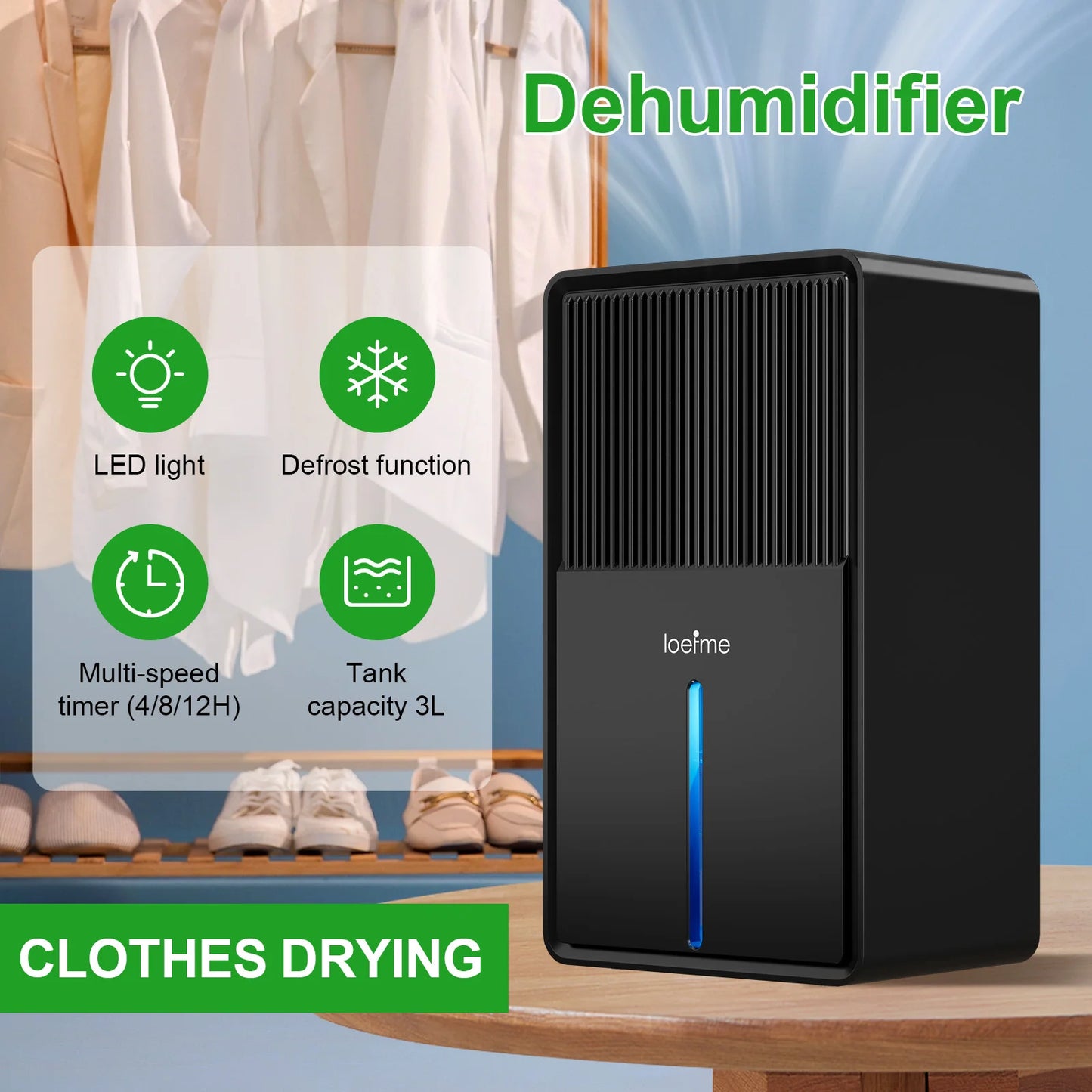Electric home dehumidifier with LED light, multi-speed timer, and 3L tank for effective clothes drying