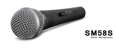 Black handheld SM58 dynamic vocal microphone with silver grille and on off switch ideal for live vocals
