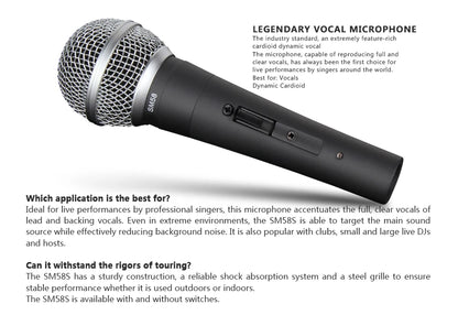 SM58 dynamic vocal microphone on white background showing metal grille and body switch ideal for live vocals on stage