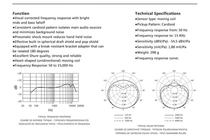 SM58 dynamic vocal microphone specification sheet showing frequency response graphs and polar patterns