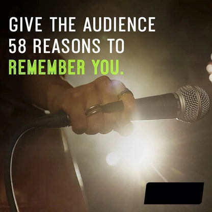 Hand holding SM58 dynamic vocal microphone on stage with bright stage lighting and promotional text
