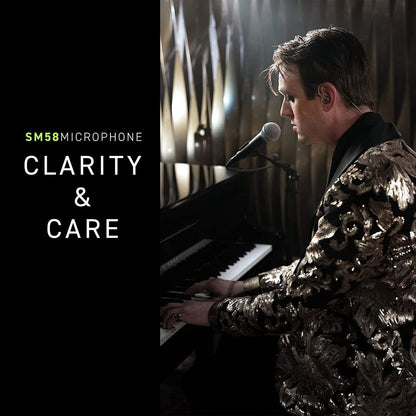 Singer at piano using SM58 dynamic vocal microphone for clear stage vocals with cardioid pickup pattern