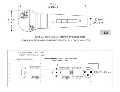 SM58 dynamic vocal microphone technical diagram showing dimensions 162 mm 51 mm 23 mm and wiring pinout