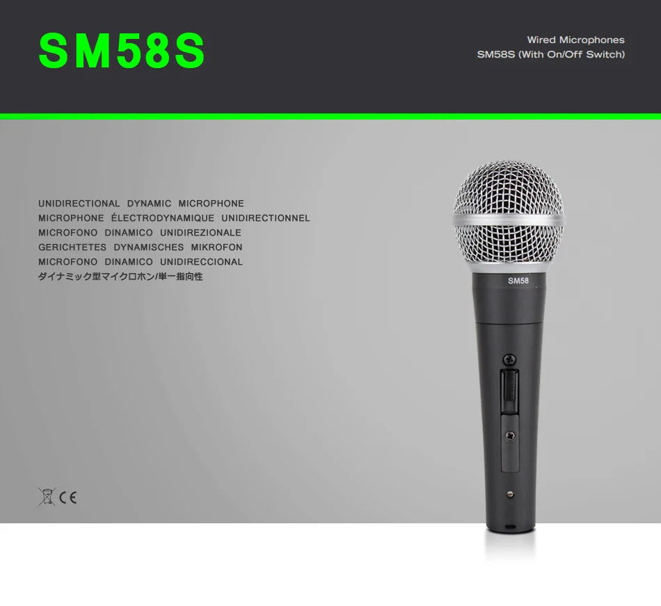 SM58 dynamic vocal microphone black handheld with silver grille and on off switch ideal for live vocals