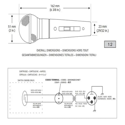 SM58 dynamic vocal microphone technical diagram showing dimensions 162x51x23mm and wiring schematic Luxurymania24