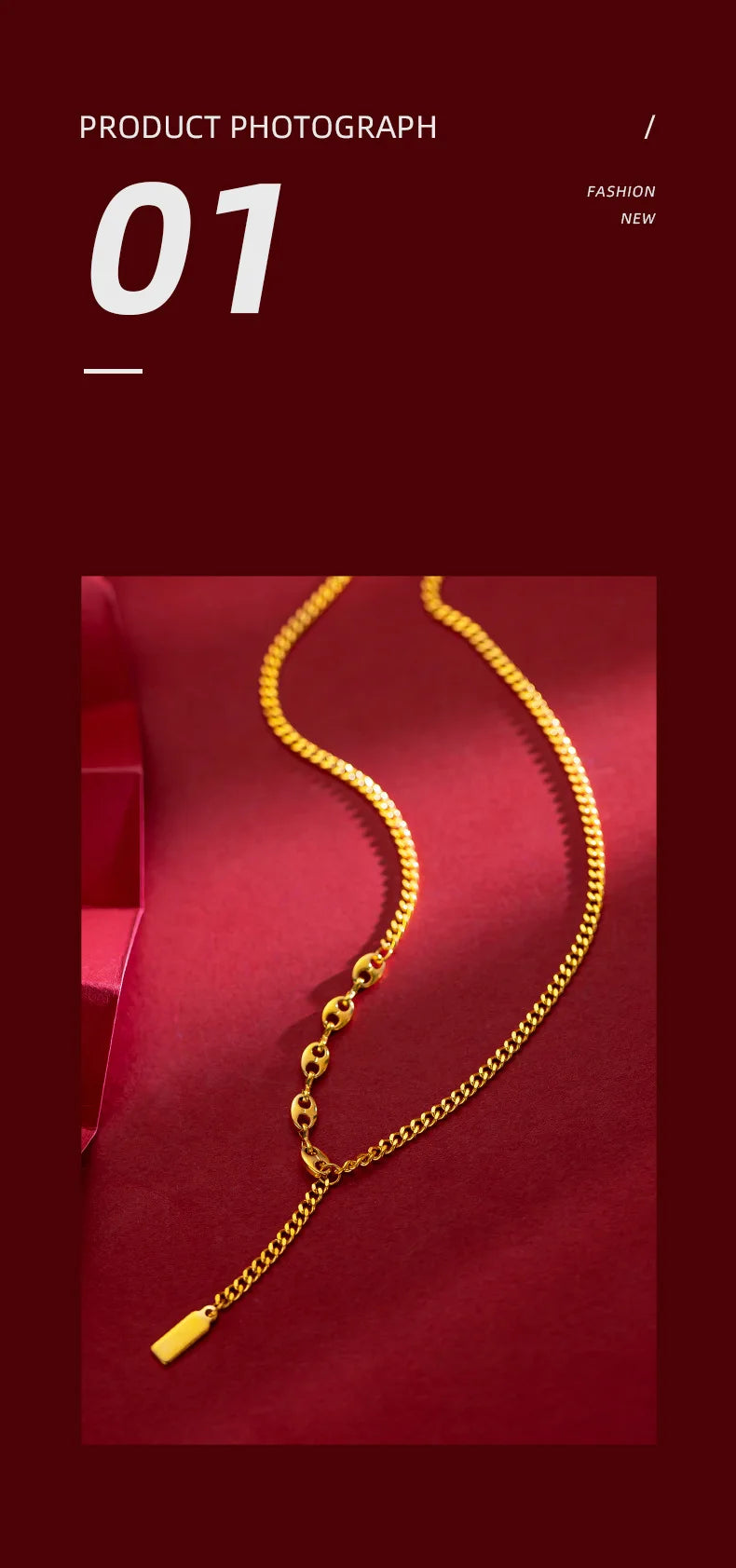 Elegant lucky sign gold bar necklace on a rich red background, perfect for stylish accessories