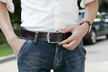 MEDYLA Leather Strap For Men dark brown mens belt with silver buckle worn with white shirt and jeans