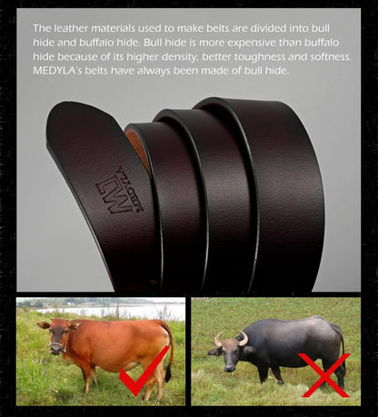 MEDYLA Leather Strap For Men dark brown bull hide mens belt rolled embossed logo with cow check and buffalo cross