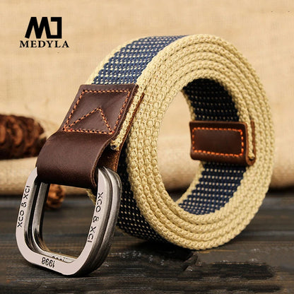 striped knitted belt for men with beige and navy woven strap brown leather trim and silver D ring buckle