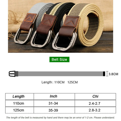 striped knitted belt for men displayed as four woven belts with leather trim metal D ring buckles and size chart
