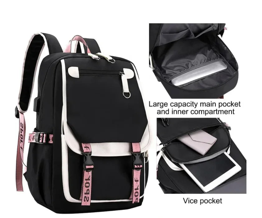 2025 Demon Hunters Student Laptop Bag black with white trim and pink straps and large laptop and tablet pockets