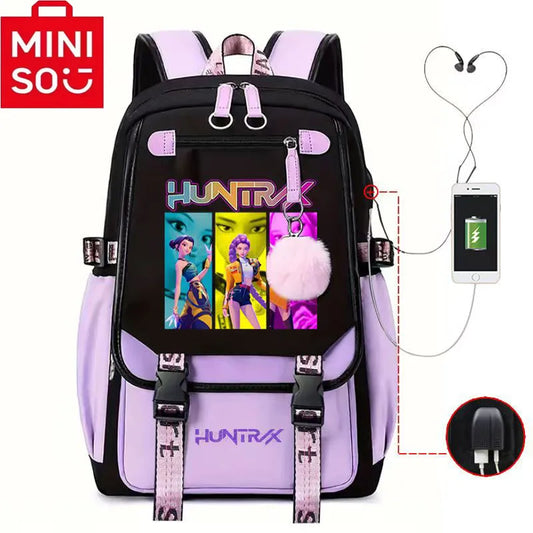 2025 Demon Hunters Student Laptop Bag purple and black backpack with USB charging port pompom anime print