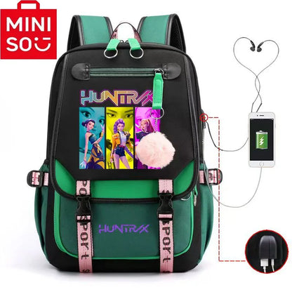2025 Demon Hunters Student Laptop Bag green black backpack with colourful character panel pompom and USB charging port