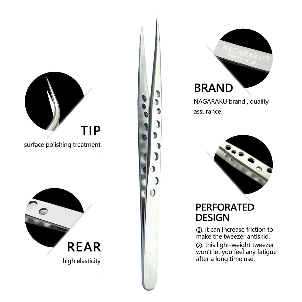 Luxurymania24 stainless steel eyelash tweezers set with high elasticity and perforated design for precise application