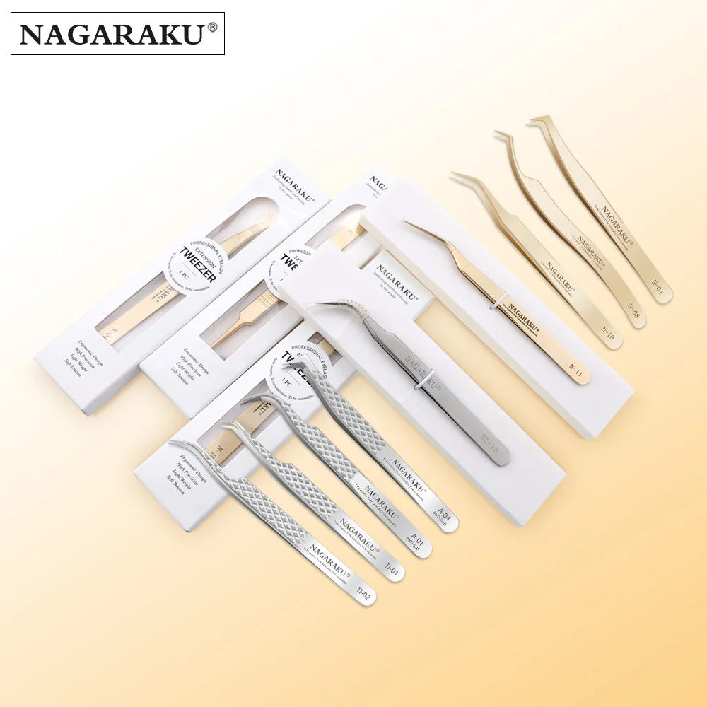 Stainless steel eyelash tweezers set with various styles for precise lash application and grooming