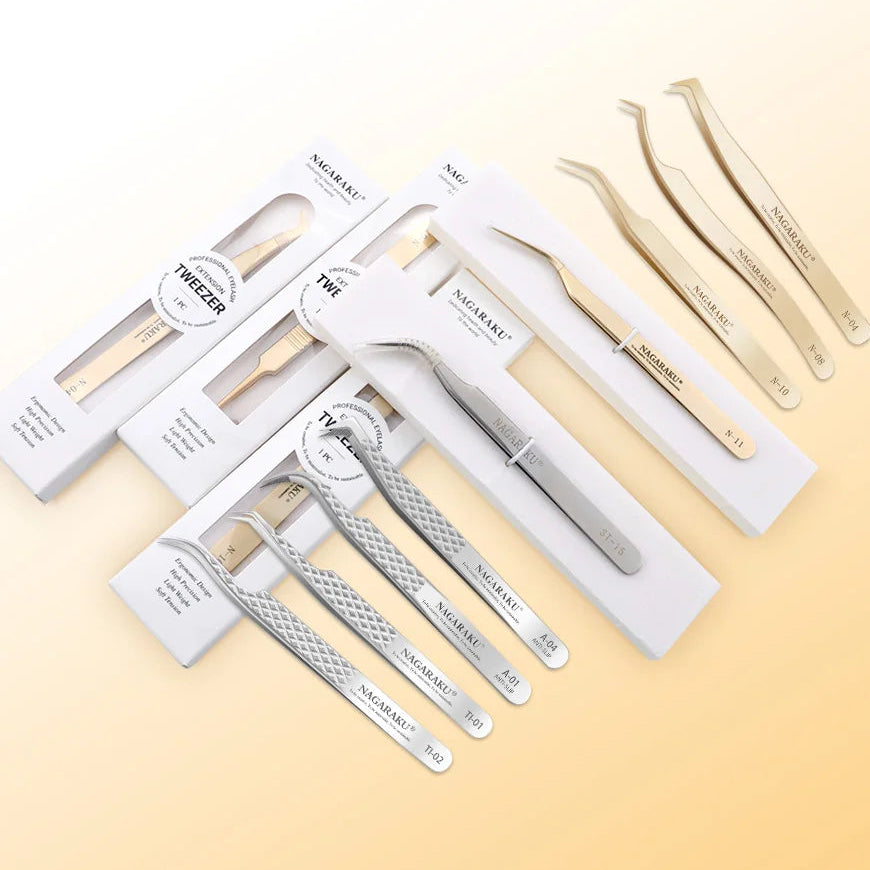 Stainless steel eyelash tweezers set with various styles for precise lash application and grooming