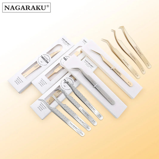 Stainless steel eyelash tweezers set with various styles for precise lash application and grooming