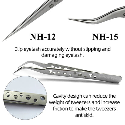 Stainless steel eyelash tweezers set with ergonomic design for precise eyelash application and styling
