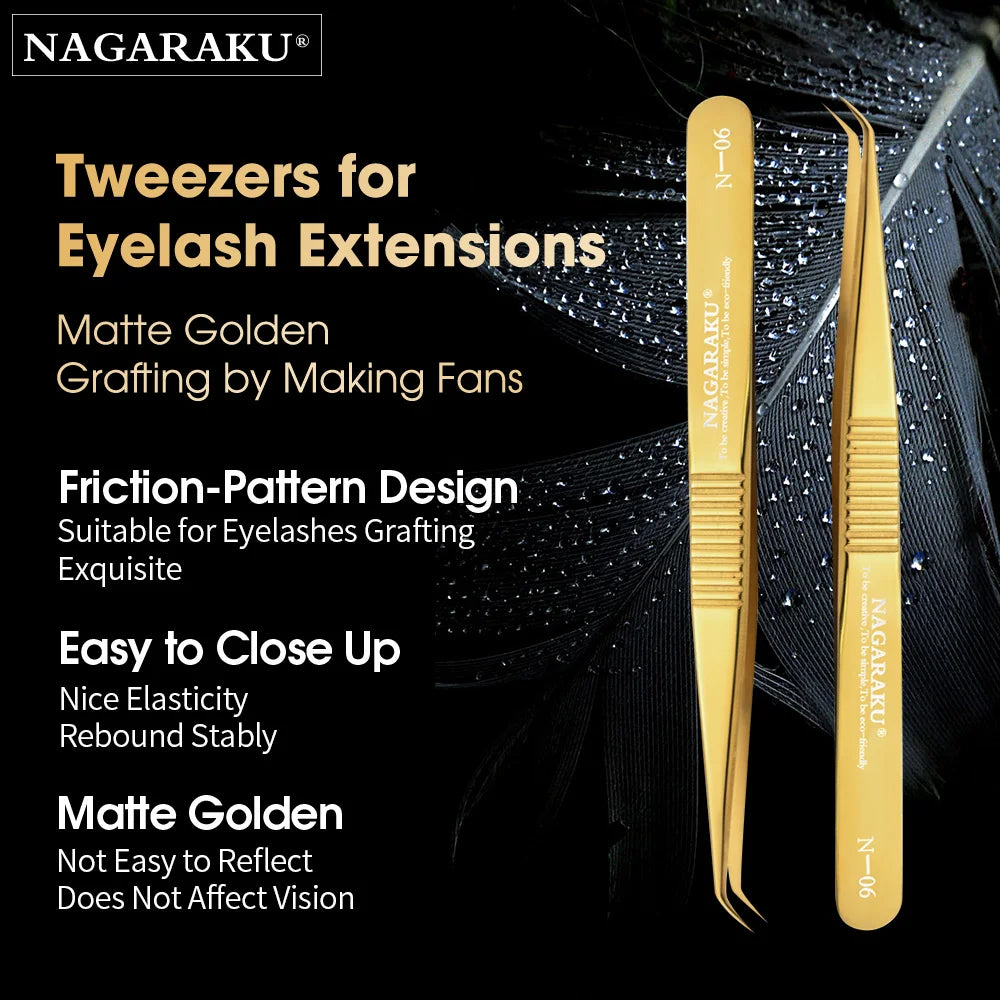 Nagaraku matte golden tweezers for eyelash extensions, part of a stainless steel eyelash tweezers set