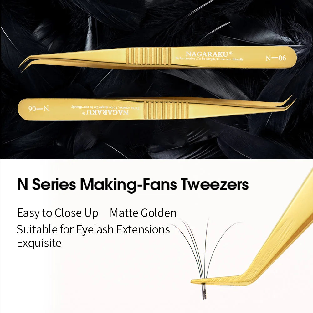 Luxurymania24 stainless steel eyelash tweezers set in matte golden finish for easy fan creation