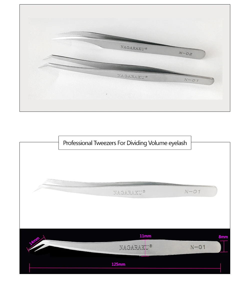 Stainless steel eyelash tweezers set featuring professional tools for precise lash separation