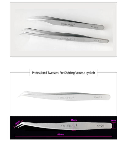 Stainless steel eyelash tweezers set featuring professional tools for precise lash separation