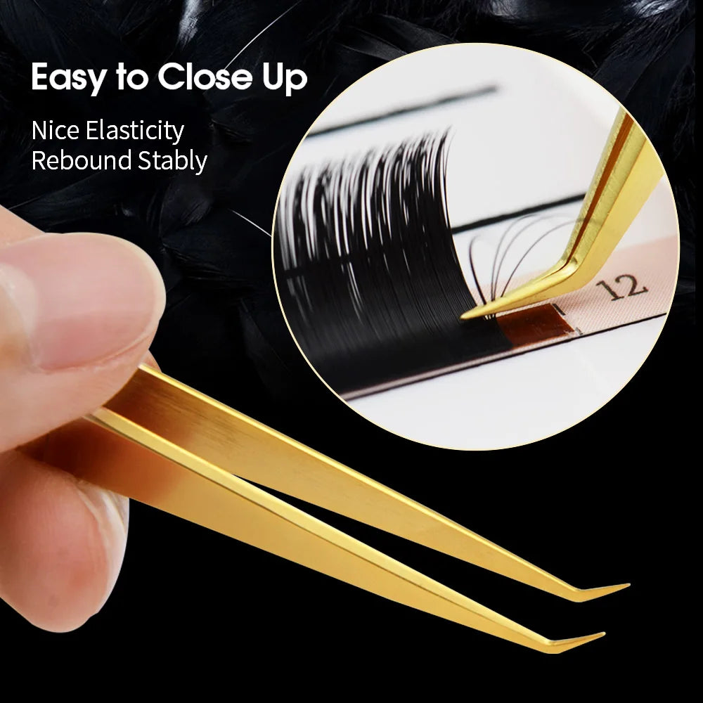 Close-up of stainless steel eyelash tweezers set with golden finish for precision and control in lash application