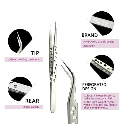 Stainless steel eyelash tweezers set with polished tip and ergonomic design for precise application