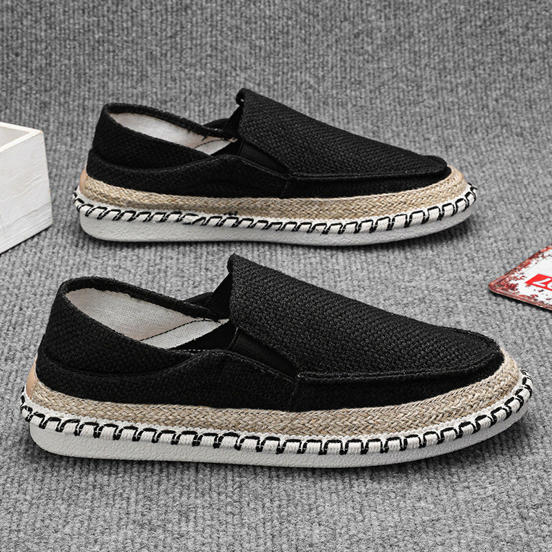 Black Old Beijing style slip-on shoes with woven texture and relaxed fit for casual wear