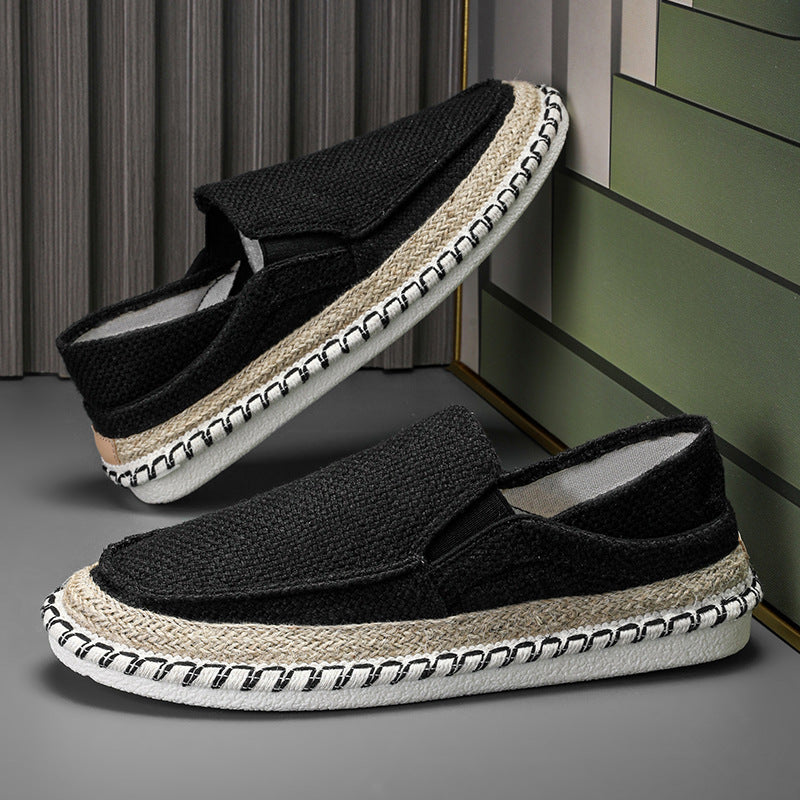 Black Old Beijing style slip-on shoes with woven design and comfortable fit for casual wear