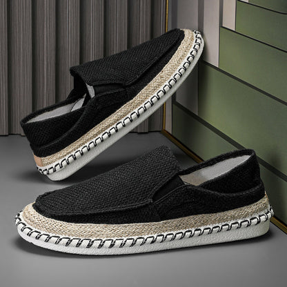 Black Old Beijing style slip-on shoes with woven design and comfortable fit for casual wear