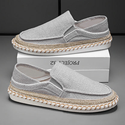 Grey Old Beijing style slip-on shoes with a woven espadrille sole for casual comfort
