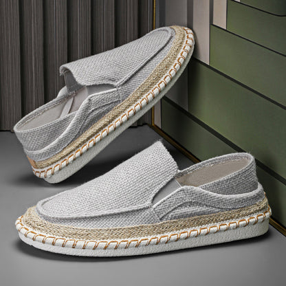 Stylish grey Old Beijing style slip-on shoes featuring a woven texture and comfortable design
