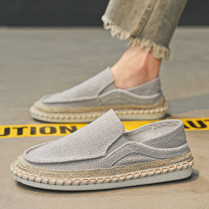 Light grey Old Beijing style slip-on shoes with woven soles for casual summer wear