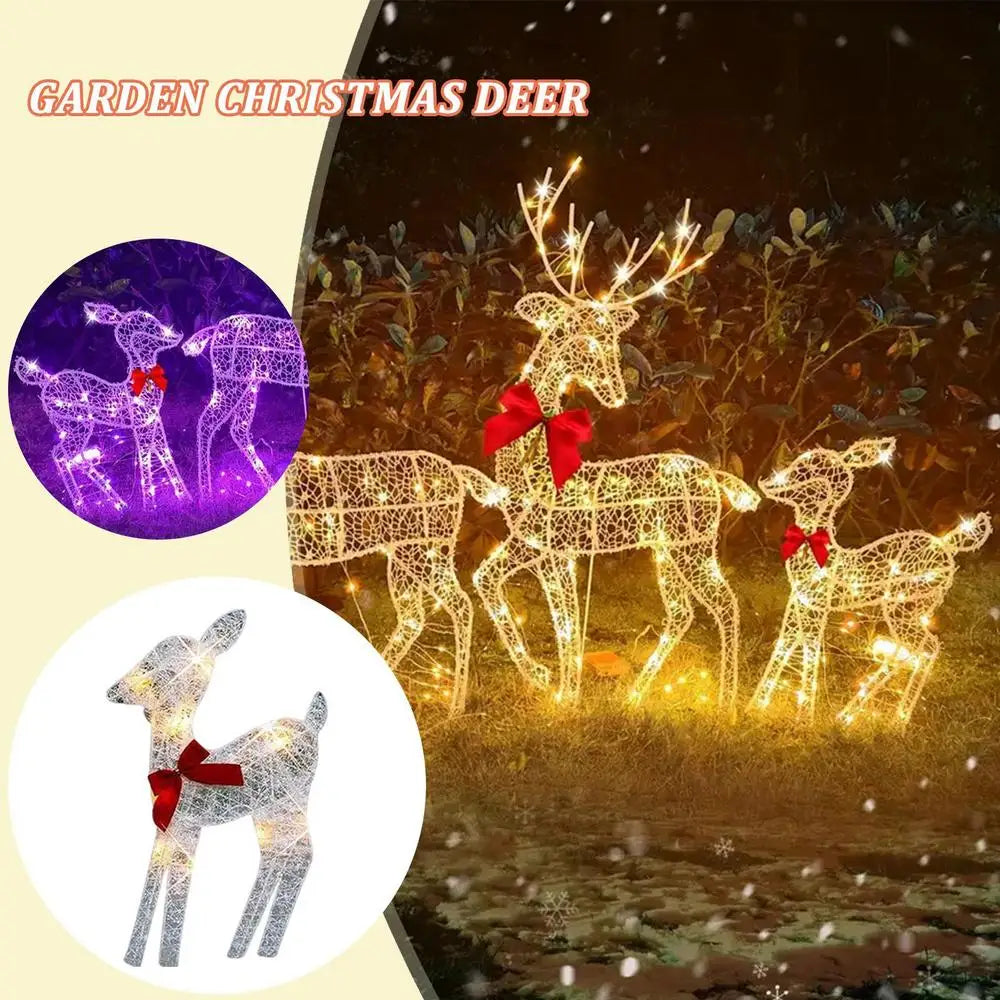 Outdoor glowing elk Christmas ornament in a festive garden setting, illuminated with warm lights